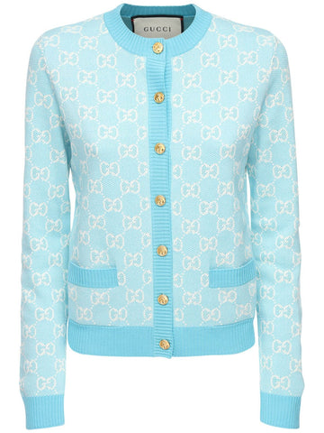 GUCCI COTTON AND WOOL PIQUE GG CARDIGAN IN LIGHT BLUE