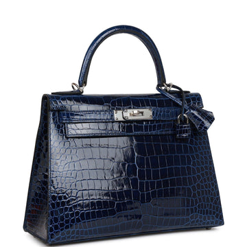 HRMS Kelly Sellier 28 Bleu Saphir Shiny Porosus Crocodile Palladium Hardware