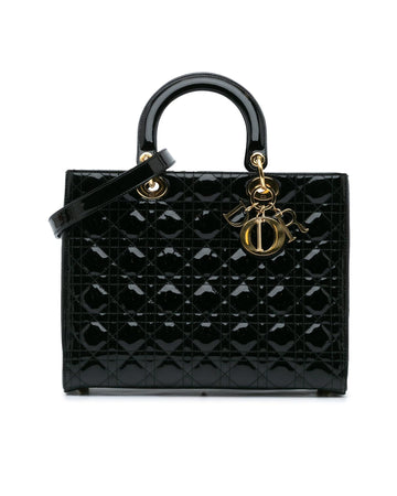 Large Patent Cannage Quilted Leather Top Handle Bag with Detachable Strap