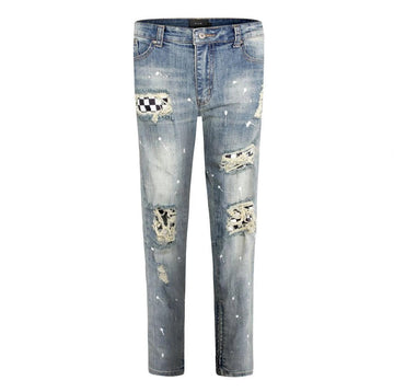 Checkered Patch Denim - Washed Blue
