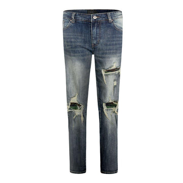 Distressed Dirty Washed Denim w/ Camo Patch Details