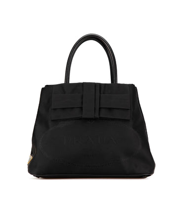 Nylon Satchel with Leather Handles and Logo Bow