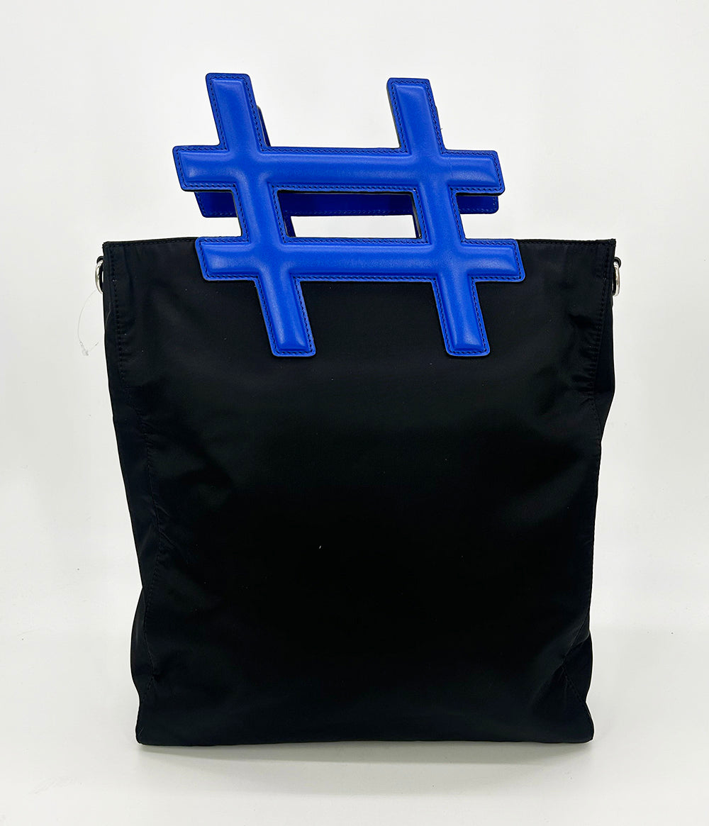 Dolce and Gabbana Black Nylon Blue Leather Hashtag Tote