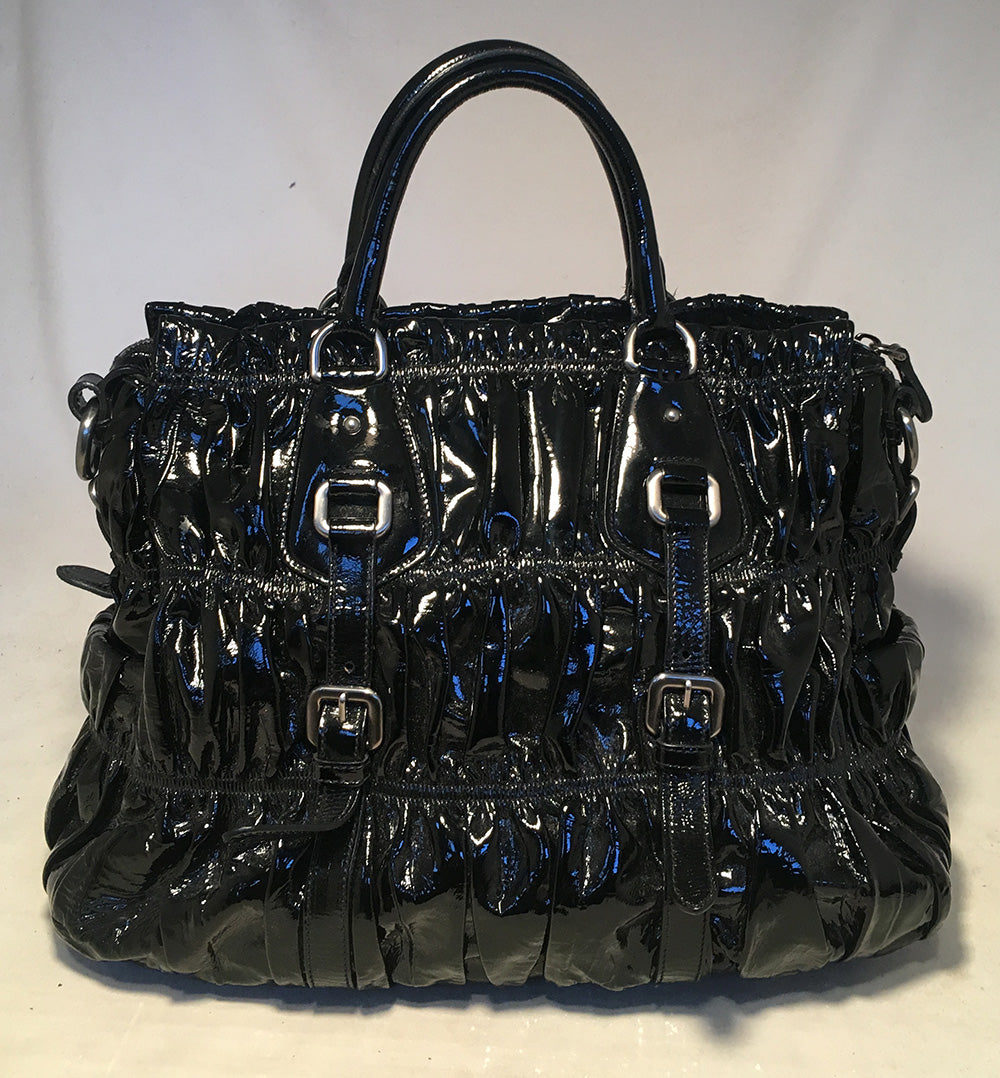 Prada Black Patent Leather Gaufre Ruched Shoulder Bag Tote