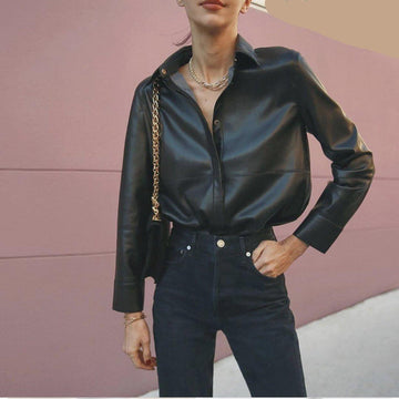 BLACK VEGAN LEATHER NAUM SHIRT - Size MEDIUM