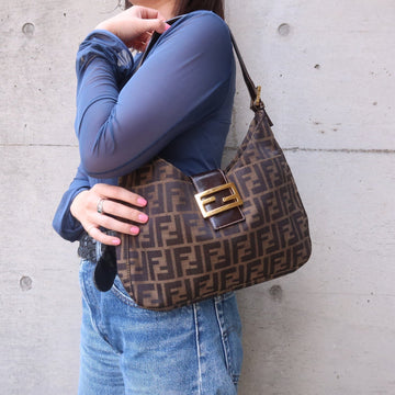 FENDI Zucca Canvas Leather Shoulder Bag Brown Black 26569