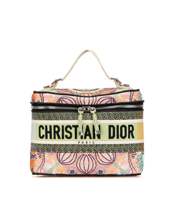 Embroidered Canvas Vanity Case with Flat Handle and Zip Closure