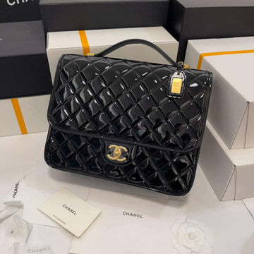 Makersluxe - Large Backpack Patent Calfskin & Gold-tone Metal Black