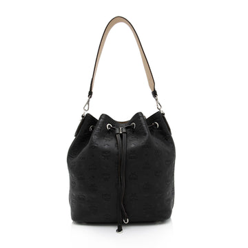 MCM Embossed Leather Aren Medium Drawstring Shoulder Bag