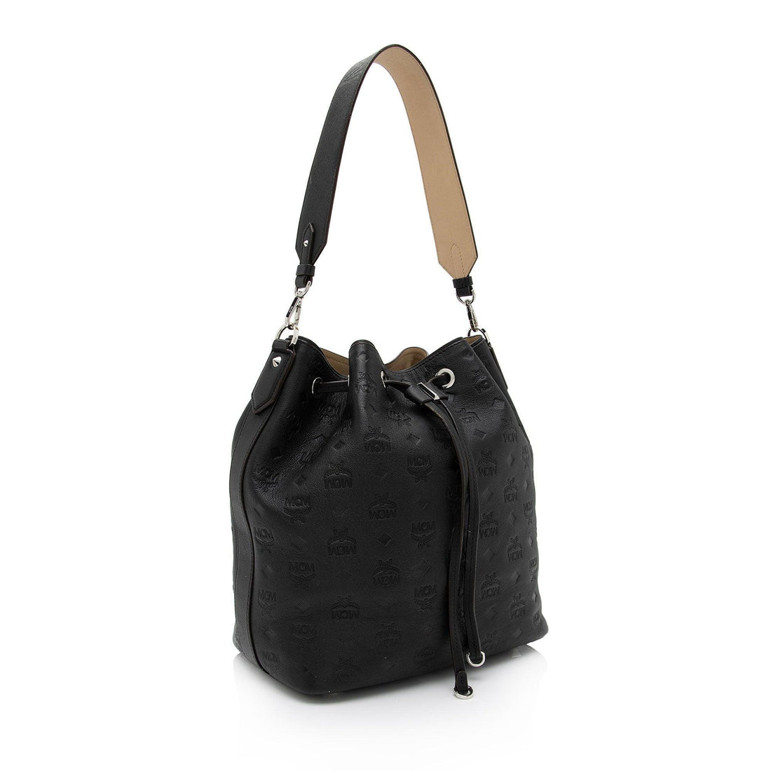 MCM Embossed Leather Aren Medium Drawstring Shoulder Bag