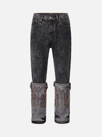 Makersluxe® - Acid wash Embroidery Stitching Two-tone Jeans - 1744
