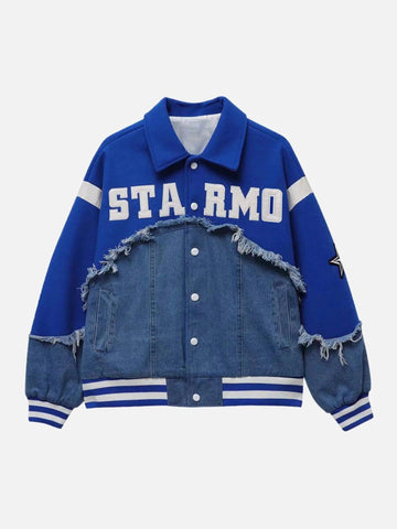 Makersluxe® - American High Street Denim Fabric Splicing Baseball Jacket -1445