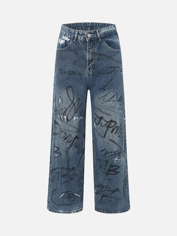 Makersluxe® - American Street Fashion Fun Graffiti Washed Distressed Jeans