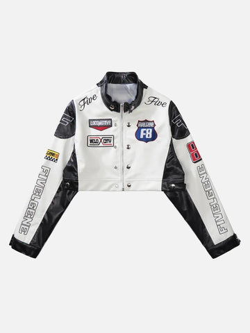 Makersluxe® - Badge Short PU Leather Racing Jacket - 1631