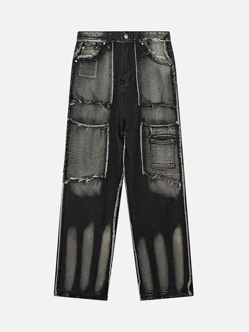 Makersluxe® - Cat Whiskers Raw Edge Patchwork Jeans - 1784