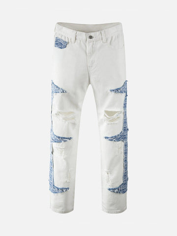 Makersluxe® - Color-blocking Ripped Straight-leg Jeans