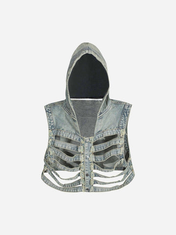 Makersluxe® - Dark Skeleton Hooded Denim Vest - 1637