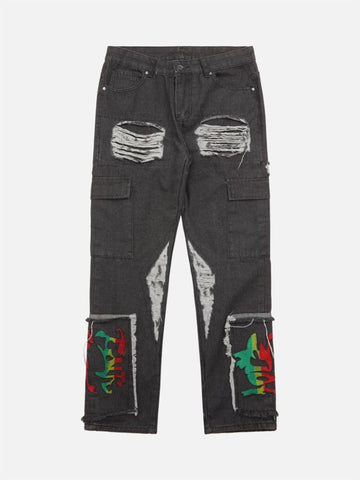 Makersluxe® - Destruction Brushed Hip Hop Embroidered Jeans