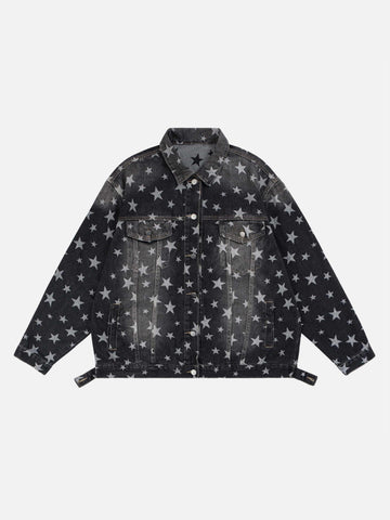 Makersluxe® - High Street Niche Design Pentagram Full Print Wash Vintage Denim Jacket -1433