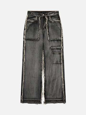 Makersluxe® - High Street Washed And Distressed Raw Edge Jeans