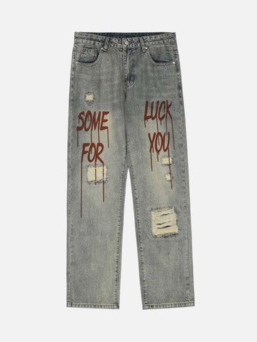 Makersluxe® - Hip Hop Retro Patch Print Powder Pulp Denim Pants