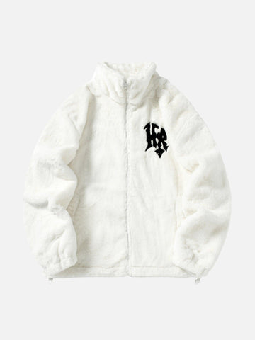 Makersluxe® - Hip-hop Letter Stand Collar Imitation Rabbit Fur Jacket - 1908