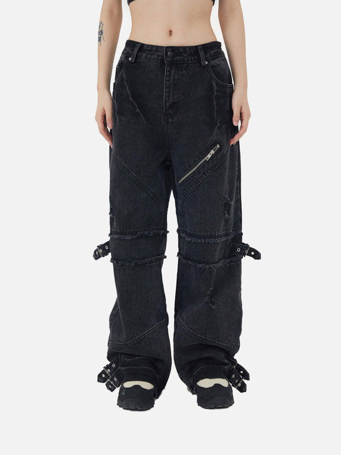 Makersluxe® - Hip-hop Retro Wash Old Punk Denim Pants Loose Straight Pants Couple Models-1456