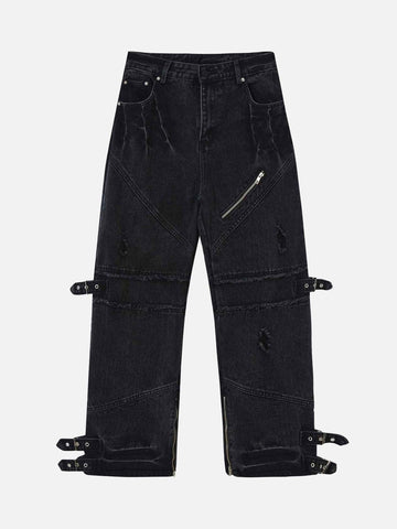 Makersluxe® - Hip-hop Retro Wash Old Punk Denim Pants Loose Straight Pants Couple Models-1456