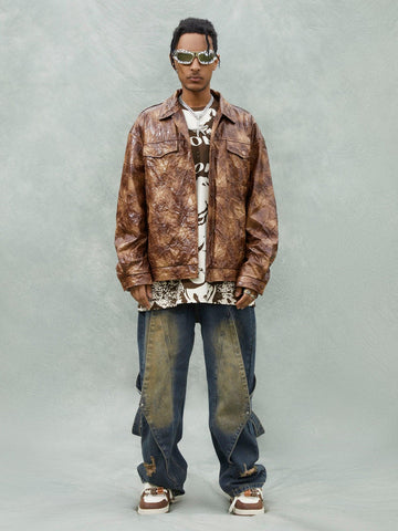 Makersluxe® - Leather Pleated Slim Fit Brown Jacket