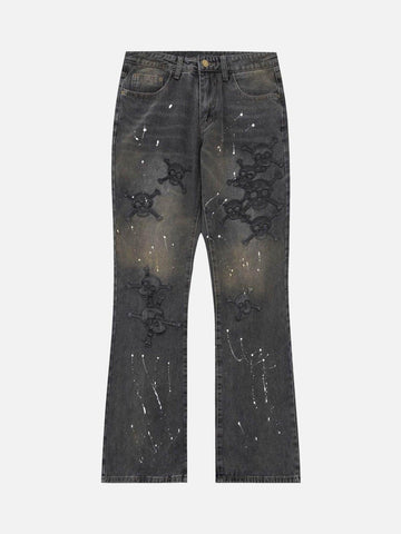 Makersluxe® - Leather Skull Splash Ink Micro-flared Jeans