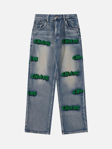 Makersluxe® - Letter Flocking Distressed Straight Jeans -1047