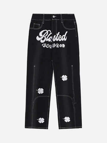 Makersluxe® - Letter Lucky Clover Embroidered Baggy Jeans - 1162
