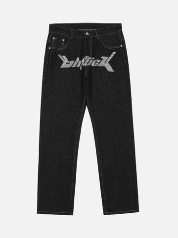 Makersluxe® - Letter Print Dollar Black Baggy Jeans -1024