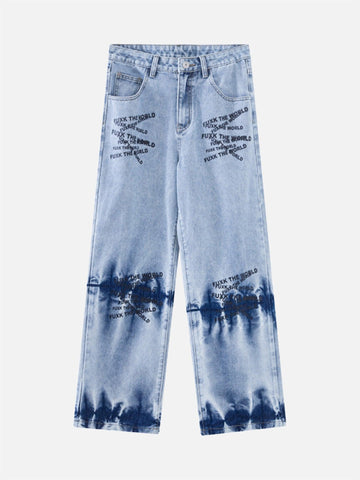 Makersluxe® - Niche Design Letter Embroidered Tie-dye Gradient Jeans
