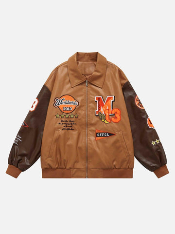 Makersluxe® - PU Leather Patchwork Embroidered Loose Jacket
