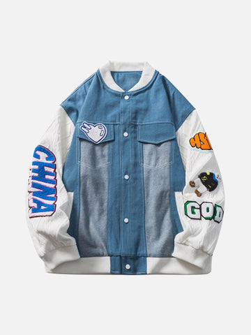 Makersluxe® - Patch Embroidered Denim Patchwork Baseball Jacket