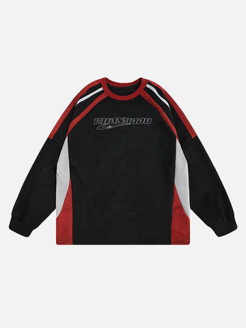 Makersluxe® - Patchwork Contrasting Two-tone Raglan Embroidered Sweatshirt