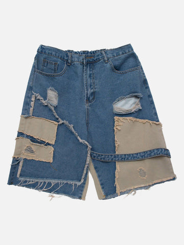 Makersluxe® - Patchwork Irregular Ripped Hole Denim Short -1249