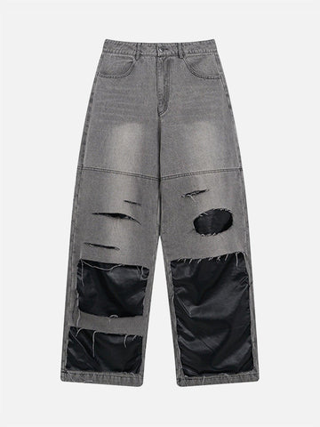 Makersluxe® - Ripped Patchwork Washed Straight-leg Jeans