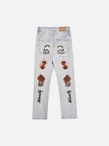 Makersluxe® - Skull Flame Monogram Embroidered Slim Fit Jeans