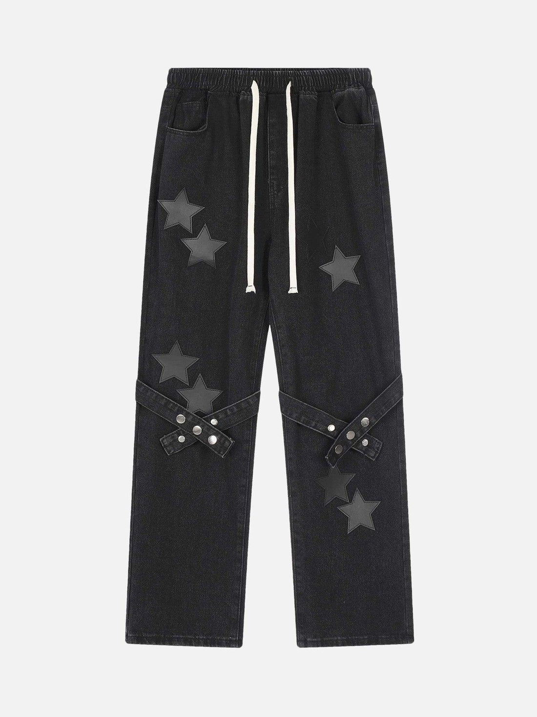 Makersluxe® - Star Embroidered Flutter Belt Elastic Waist Jeans