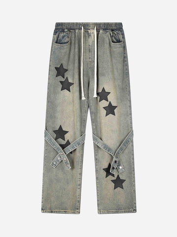 Makersluxe® - Star Embroidered Flutter Belt Elastic Waist Jeans