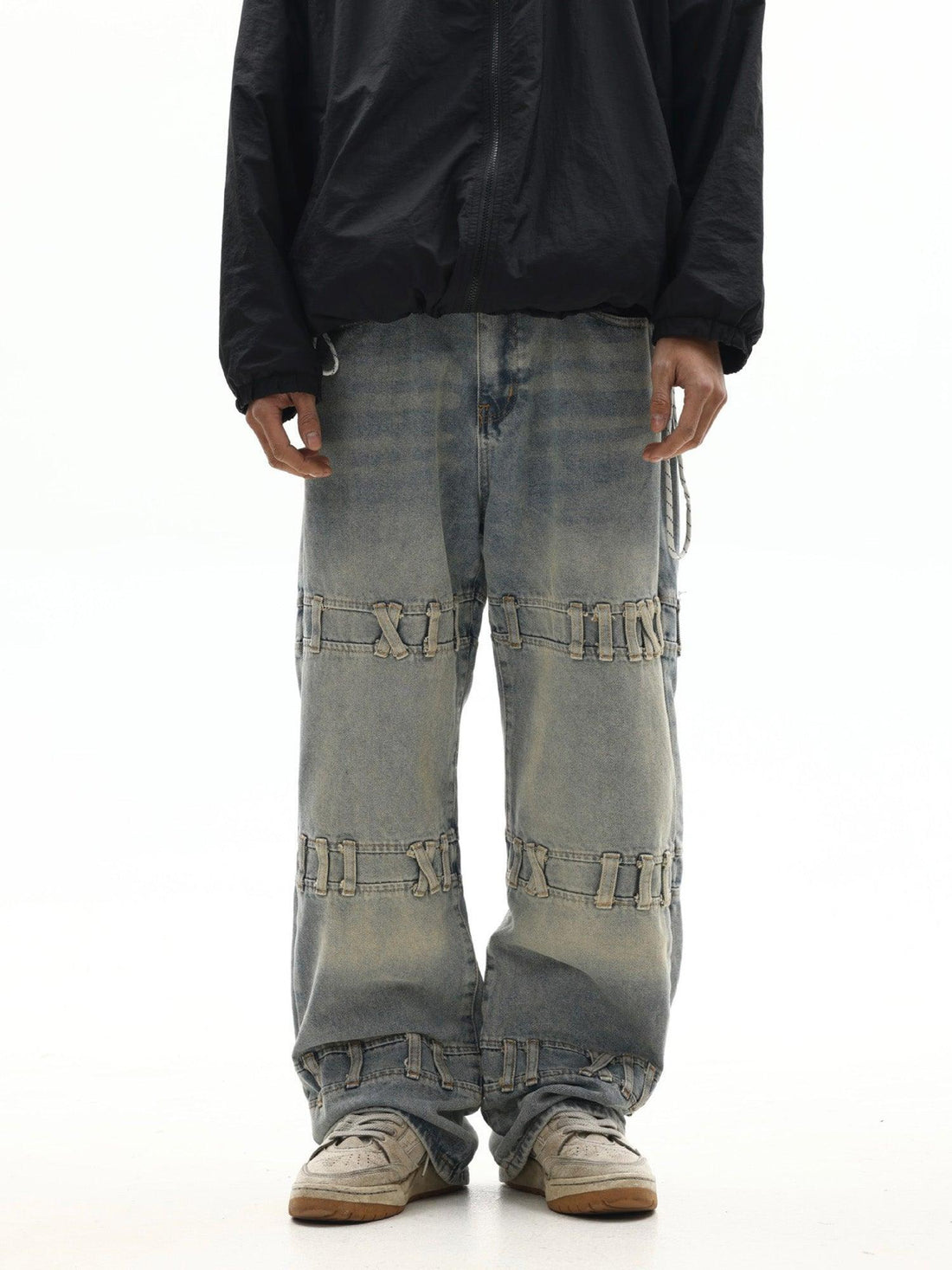 Makersluxe® - Street Fashion Creative Trouser Loop Design Washed Jeans