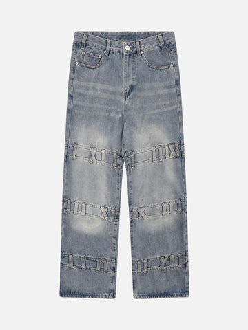 Makersluxe® - Street Fashion Creative Trouser Loop Design Washed Jeans