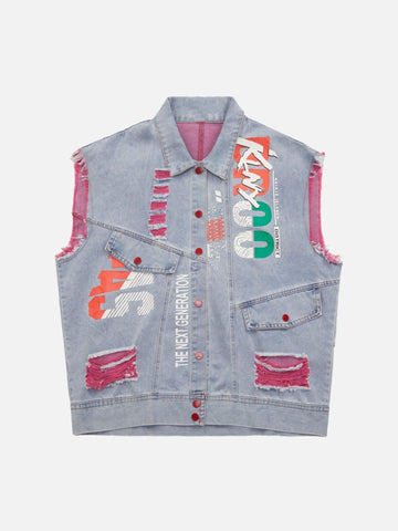 Makersluxe® - Street Hip-hop Ripped Graffiti Printed Denim Vest