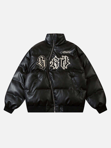 Makersluxe® - Street Letter Embroidery Diagonal Zipper Cotton Jacket
