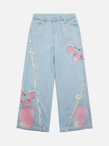Makersluxe® - Tie-dye Butterfly Embroidered Raw Edge Jeans