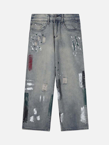 Makersluxe® - Vintage Ink Splash Washed And Distressed Jeans