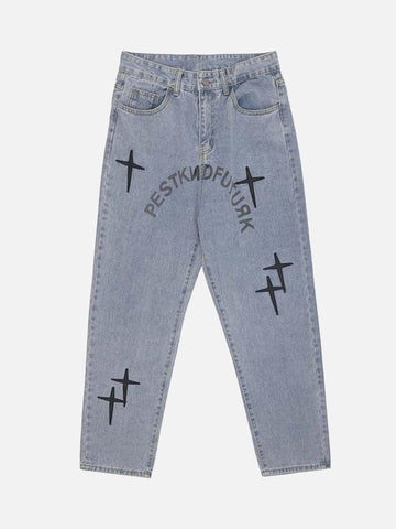 Makersluxe® - Vintage Letter Print Washed Jeans