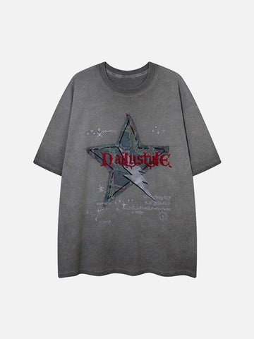 Makersluxe® - Washed Distressed Denim Patch Embroidered Star T-shirt